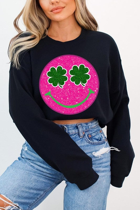Smile Face Glitter Graphic Fleece Sweatshirt